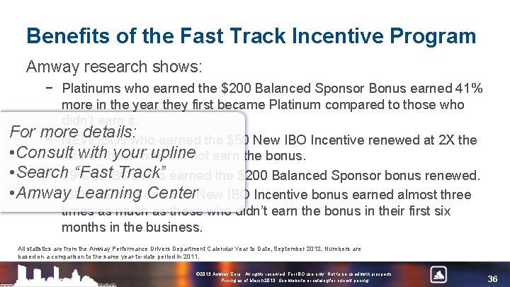 Benefits of the Fast Track Incentive Program Amway research shows: − Platinums who earned