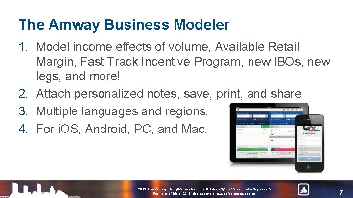 The Amway Business Modeler 1. Model income effects of volume, Available Retail Margin, Fast