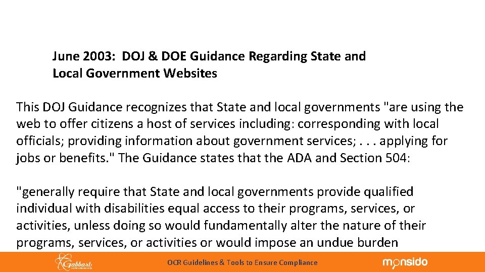 June 2003: DOJ & DOE Guidance Regarding State and Local Government Websites This DOJ