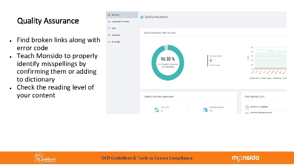 Quality Assurance ● ● ● Find broken links along with error code Teach Monsido