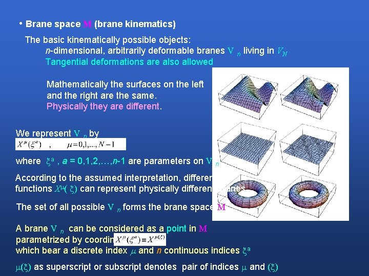  • Brane space M (brane kinematics) The basic kinematically possible objects: n-dimensional, arbitrarily