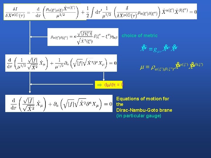 choice of metric d /d = 0 Equations of motion for the Dirac-Nambu-Goto brane