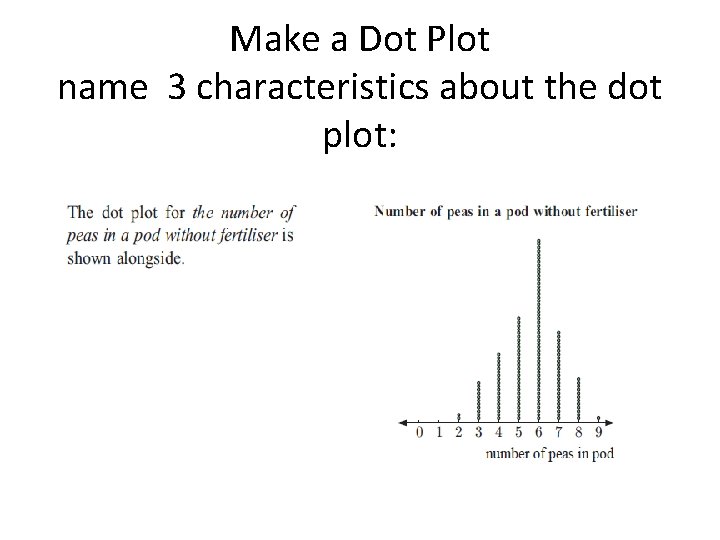 Make a Dot Plot name 3 characteristics about the dot plot: 