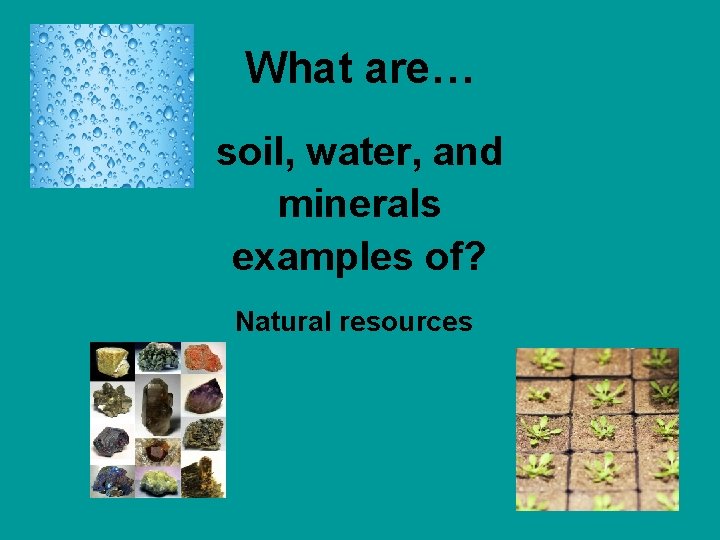 What are… soil, water, and minerals examples of? Natural resources 