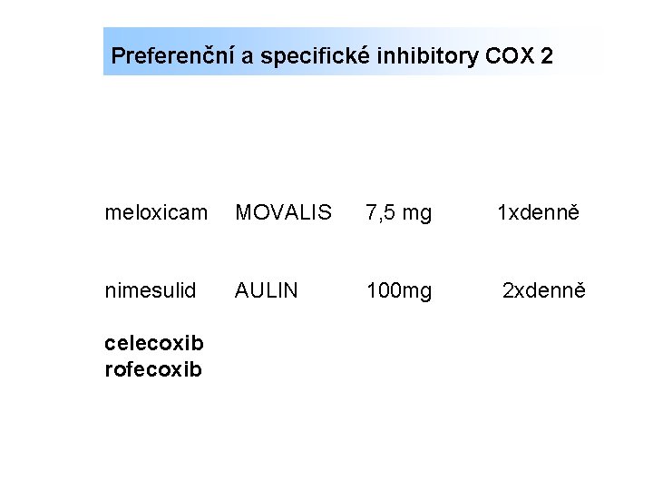 Preferenční a specifické inhibitory COX 2 meloxicam MOVALIS 7, 5 mg 1 xdenně nimesulid