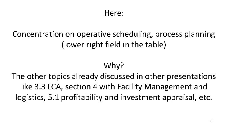 Here: Concentration on operative scheduling, process planning (lower right field in the table) Why?