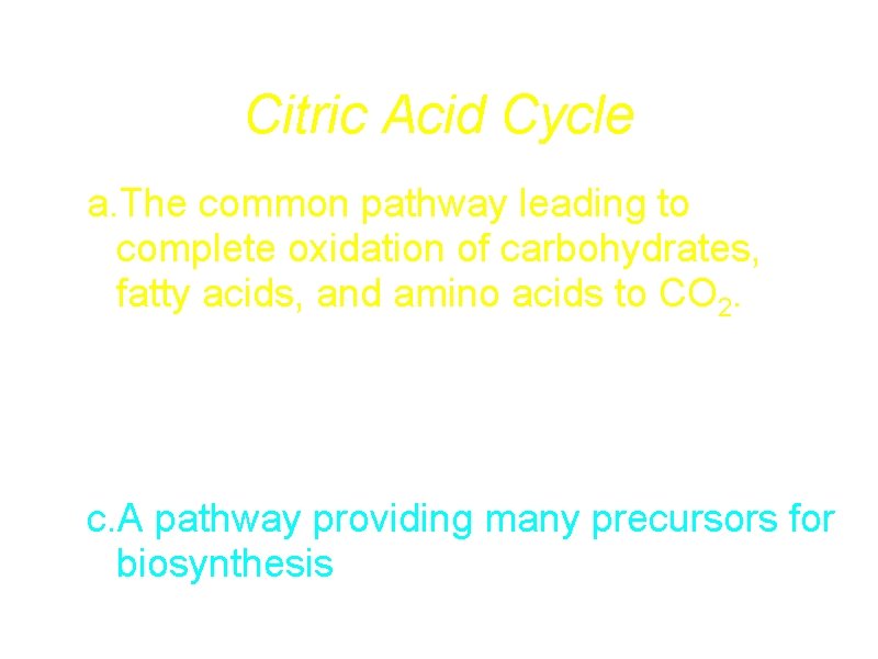 Citric Acid Cycle a. The common pathway leading to complete oxidation of carbohydrates, fatty