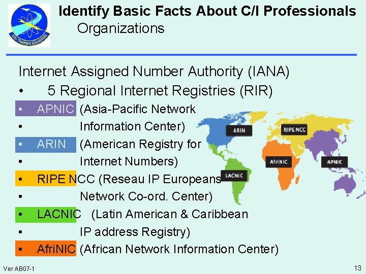 Identify Basic Facts About C/I Professionals Organizations Internet Assigned Number Authority (IANA) • 5