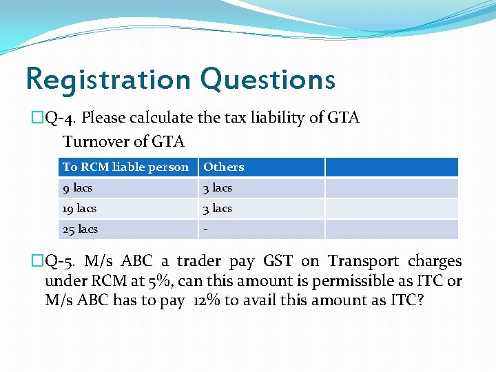 Registration Questions �Q-4. Please calculate the tax liability of GTA Turnover of GTA To