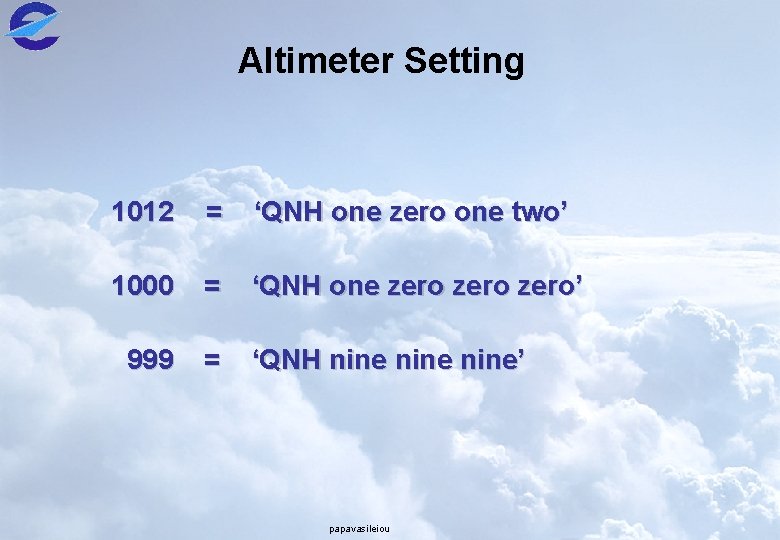 Altimeter Setting 1012 = ‘QNH one zero one two’ 1000 = ‘QNH one zero’