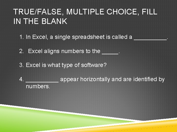 TRUE/FALSE, MULTIPLE CHOICE, FILL IN THE BLANK 1. In Excel, a single spreadsheet is