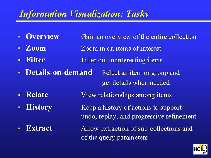 Information Visualization: Tasks § § Overview Gain an overview of the entire collection Zoom