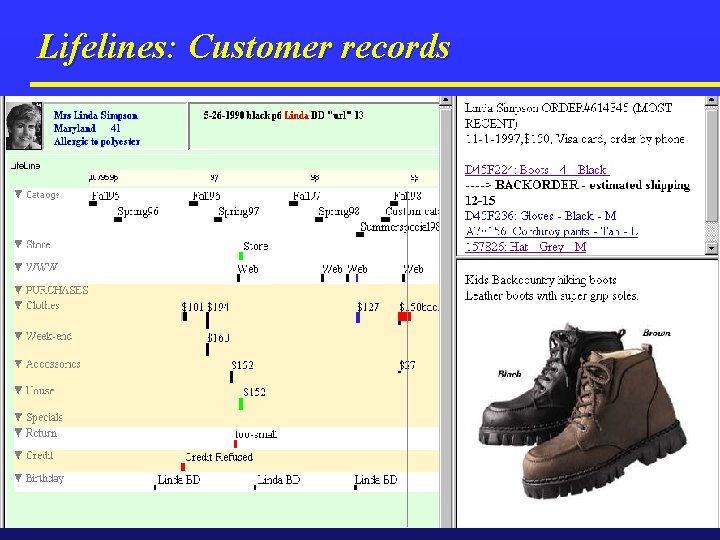 Lifelines: Customer records Temporal data visualization Medical patient histories § Customer relationship management §
