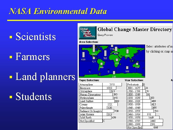 NASA Environmental Data § Scientists § Farmers § Land planners § Students 