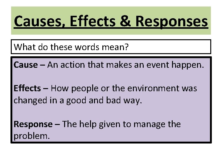 Causes, Effects & Responses What do these words mean? Cause – An action that