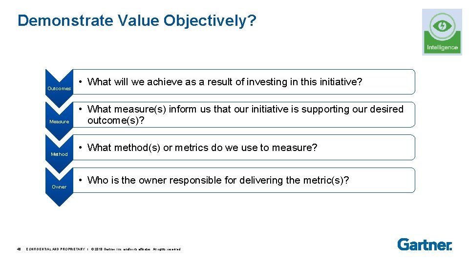 Demonstrate Value Objectively? Outcomes Measure Method Owner 40 • What will we achieve as