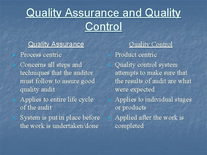 Quality Assurance and Quality Control Ø Ø Quality Assurance Process centric Concerns all steps