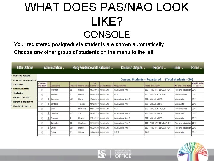 WHAT DOES PAS/NAO LOOK LIKE? CONSOLE Your registered postgraduate students are shown automatically Choose