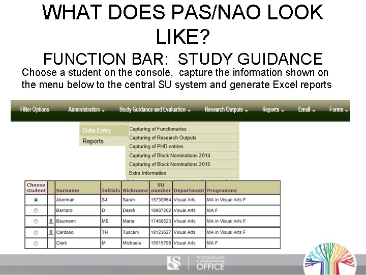 WHAT DOES PAS/NAO LOOK LIKE? FUNCTION BAR: STUDY GUIDANCE Choose a student on the