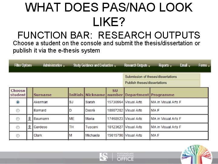 WHAT DOES PAS/NAO LOOK LIKE? FUNCTION BAR: RESEARCH OUTPUTS Choose a student on the