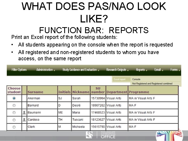 WHAT DOES PAS/NAO LOOK LIKE? FUNCTION BAR: REPORTS Print an Excel report of the