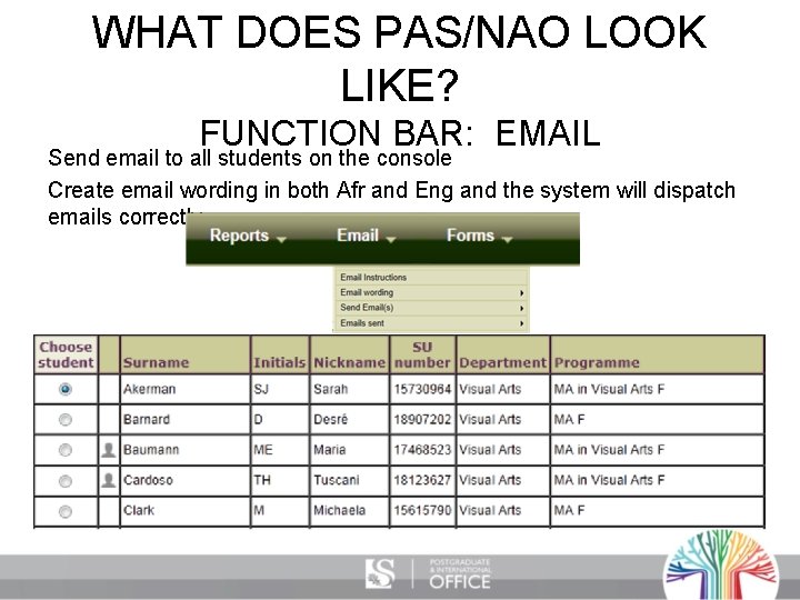 WHAT DOES PAS/NAO LOOK LIKE? FUNCTION BAR: EMAIL Send email to all students on