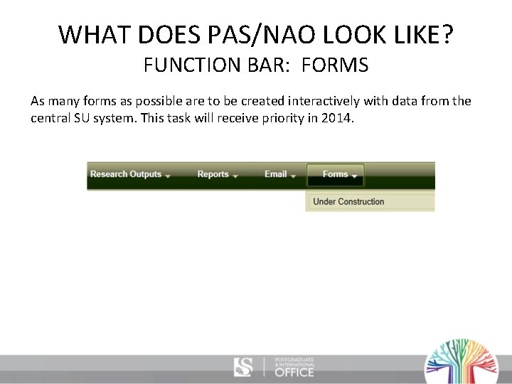 WHAT DOES PAS/NAO LOOK LIKE? FUNCTION BAR: FORMS As many forms as possible are