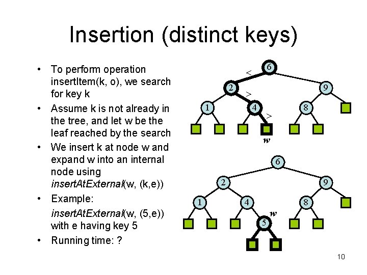 Insertion (distinct keys) • To perform operation insert. Item(k, o), we search for key