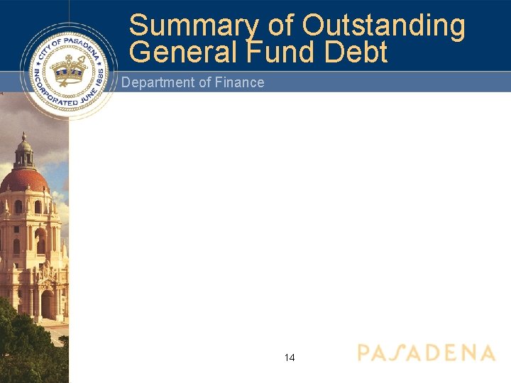 Summary of Outstanding General Fund Debt Department of Finance 14 
