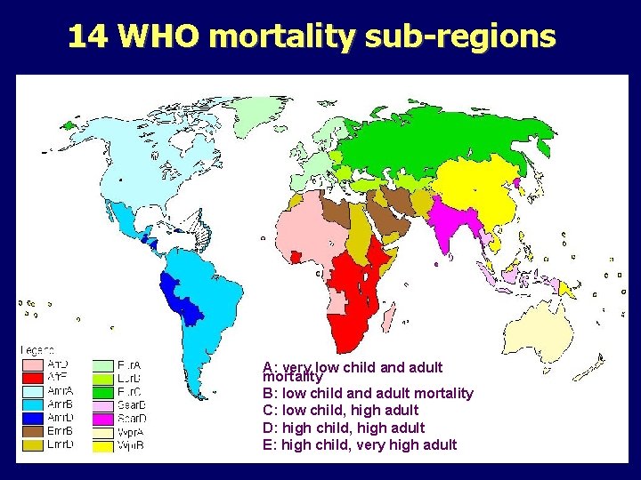 14 WHO mortality sub-regions A: very low child and adult mortality B: low child