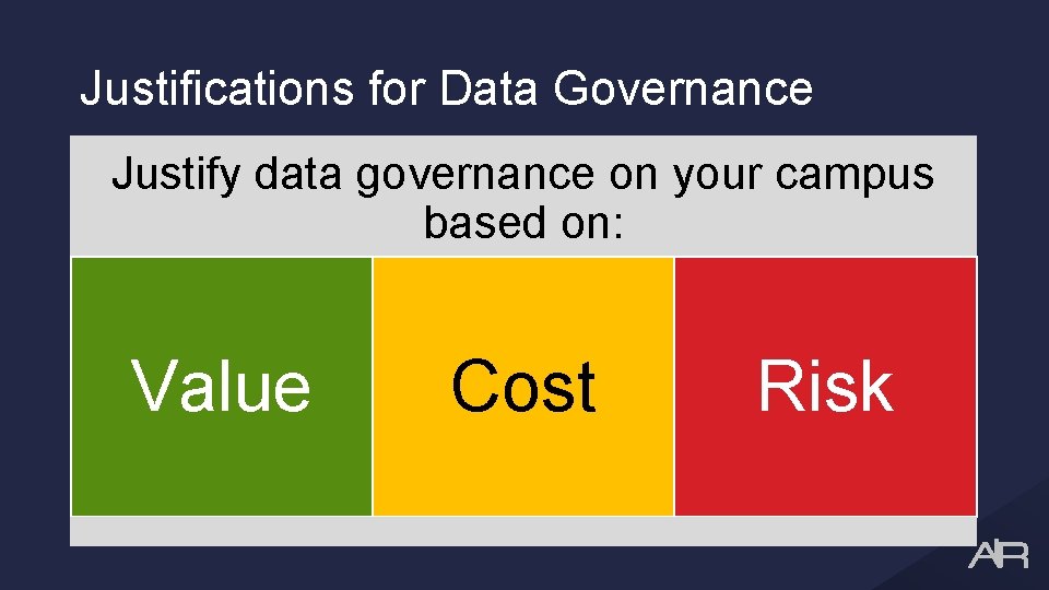 Justifications for Data Governance Justify data governance on your campus based on: Value Cost