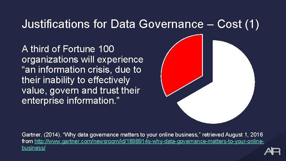 Justifications for Data Governance – Cost (1) A third of Fortune 100 organizations will