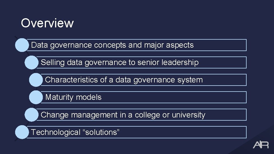 Overview Data governance concepts and major aspects Selling data governance to senior leadership Characteristics