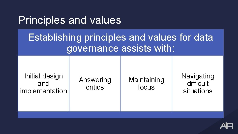 Principles and values Establishing principles and values for data governance assists with: Initial design