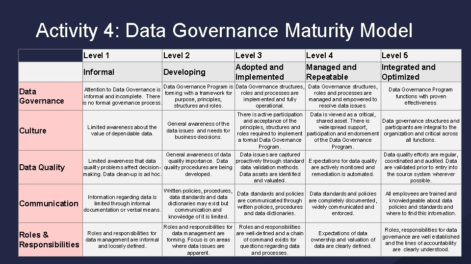 Activity 4: Data Governance Maturity Model Data Governance Culture Data Quality Communication Roles &