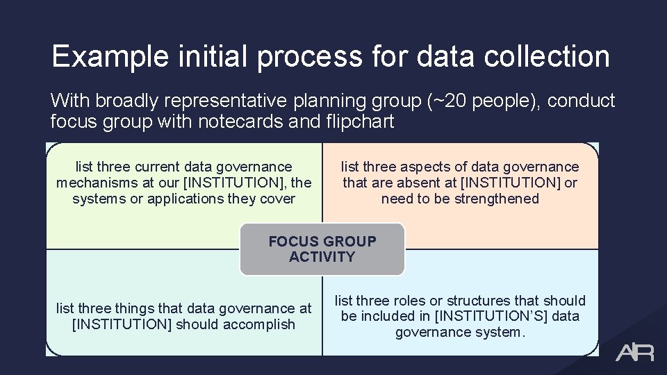 Example initial process for data collection With broadly representative planning group (~20 people), conduct