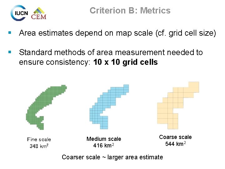 Criterion B: Metrics § Area estimates depend on map scale (cf. grid cell size)