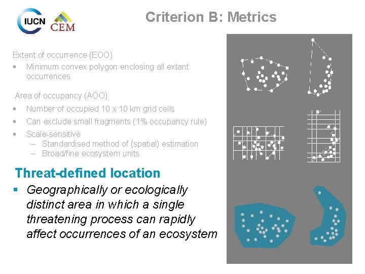 Criterion B: Metrics Extent of occurrence (EOO) § Minimum convex polygon enclosing all extant