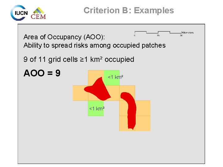 Criterion B: Examples Area of Occupancy (AOO): Ability to spread risks among occupied patches