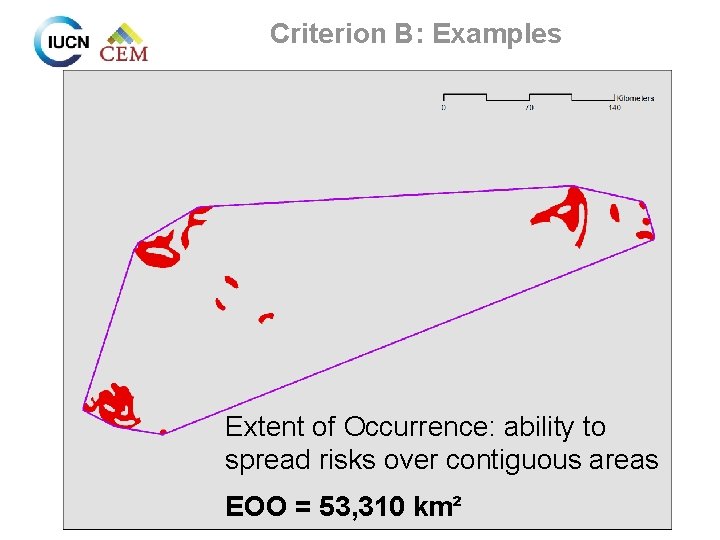 Criterion B: Examples Extent of Occurrence: ability to spread risks over contiguous areas EOO