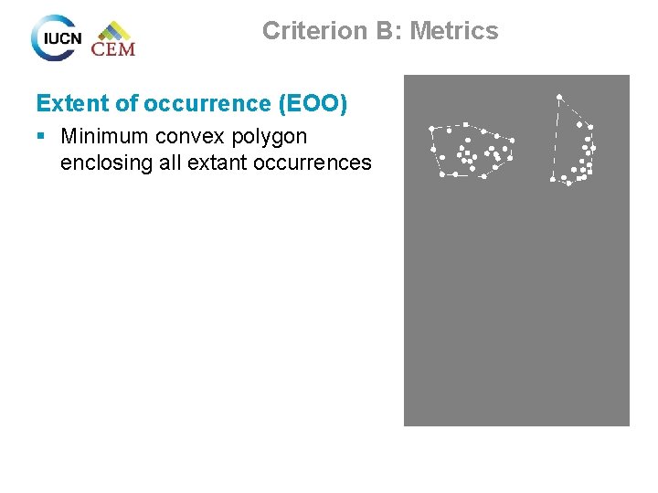 Criterion B: Metrics Extent of occurrence (EOO) § Minimum convex polygon enclosing all extant