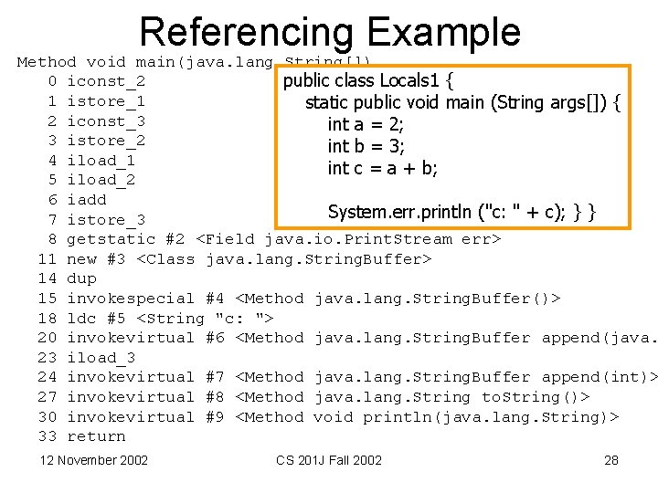 Referencing Example Method void main(java. lang. String[]) 0 iconst_2 public class Locals 1 {