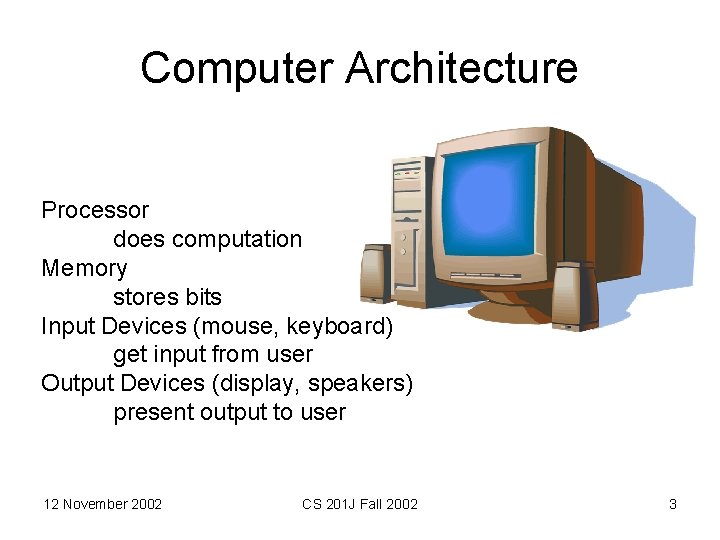 Computer Architecture Processor does computation Memory stores bits Input Devices (mouse, keyboard) get input