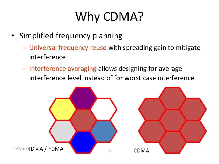 Why CDMA? • Simplified frequency planning – Universal frequency reuse with spreading gain to