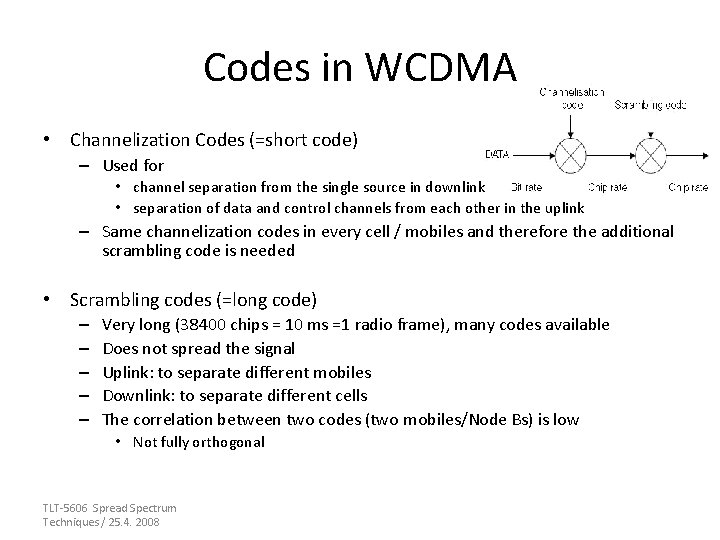 Codes in WCDMA • Channelization Codes (=short code) – Used for • channel separation