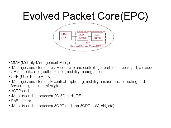 Evolved Packet Core(EPC) • MME (Mobility Management Entity): • -Manages and stores the UE