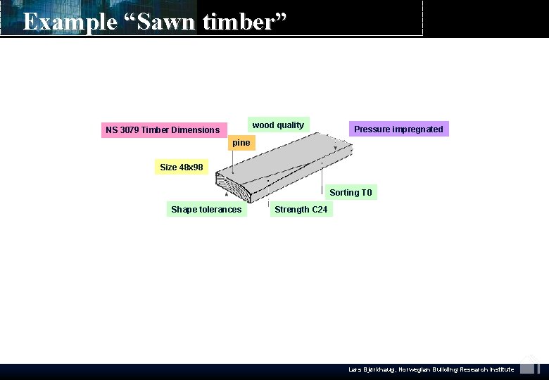 Example “Sawn timber” wood quality NS 3079 Timber Dimensions Pressure impregnated pine Size 48