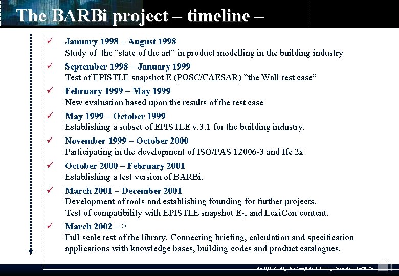 The BARBi project – timeline – ü January 1998 – August 1998 Study of