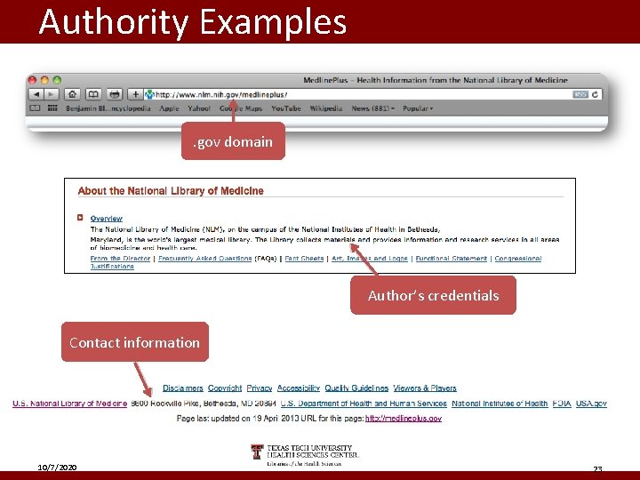 Authority Examples. gov domain Author’s credentials Contact information 10/7/2020 23 