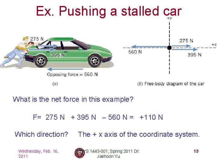 Ex. Pushing a stalled car What is the net force in this example? F=